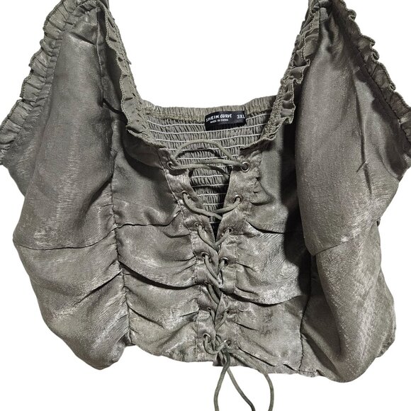 Shein Curve Olive Green Crop Top Womens Size 3XL Ruched Lace-Up Ruffled Tank Top - Picture 3 of 5